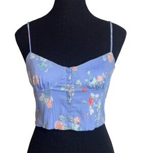 Zara Top Medium Blue Floral Ruched Back Crop Bustier Spaghetti Hook Eye Closure
